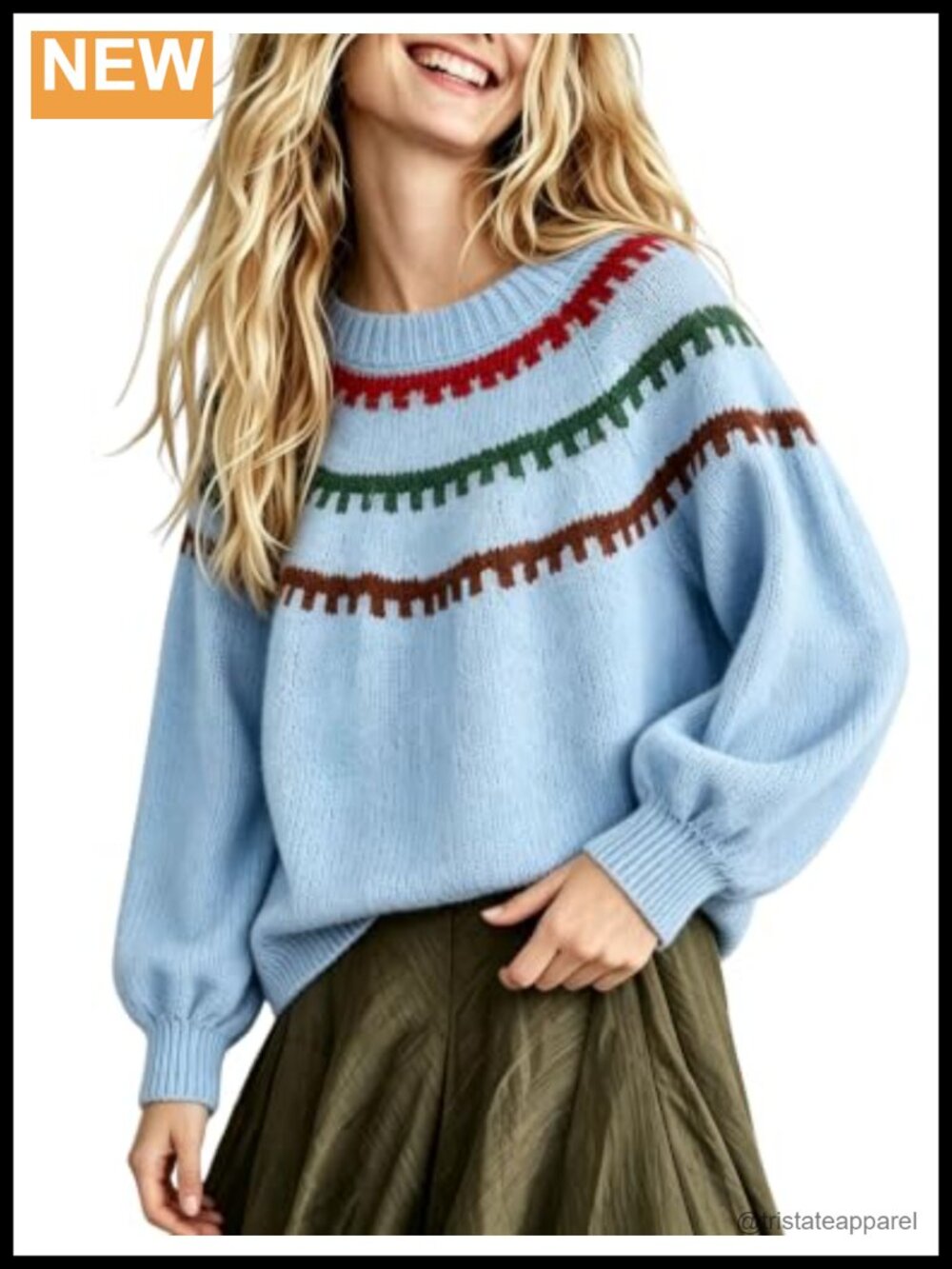 Striped Knit Pullover Sweater with Balloon Sleeves